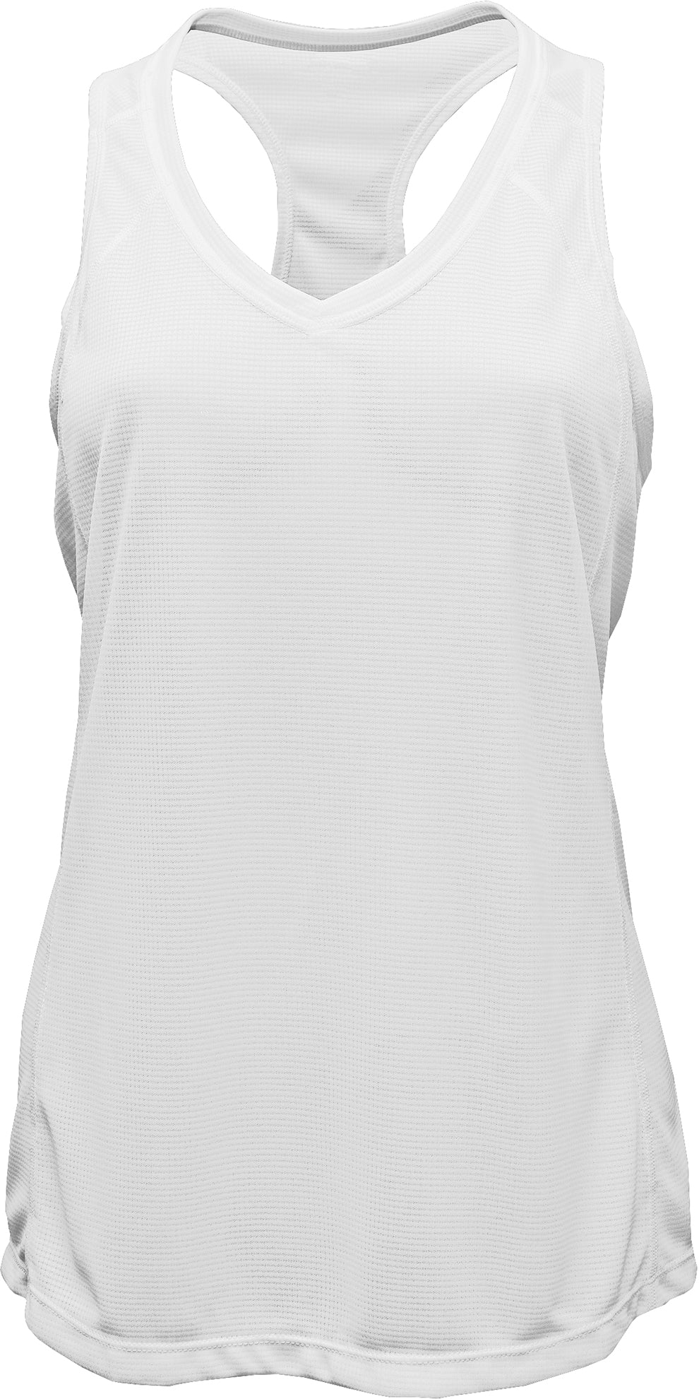 V-Neck Racerback Tank Top — White blank garment color reference; includes FiA Always front design