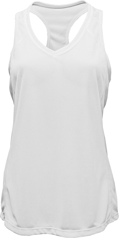 V-Neck Racerback Tank Top — White blank garment color reference; includes FiA Always front design