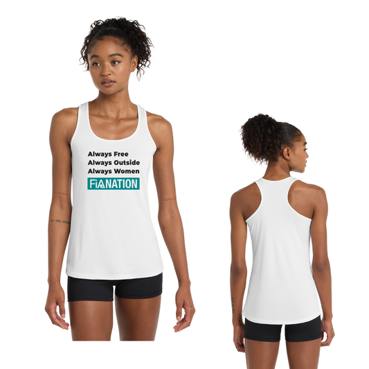 FiA Always Sport-Tek LST356 white front design and blank back — customer supplied mockup