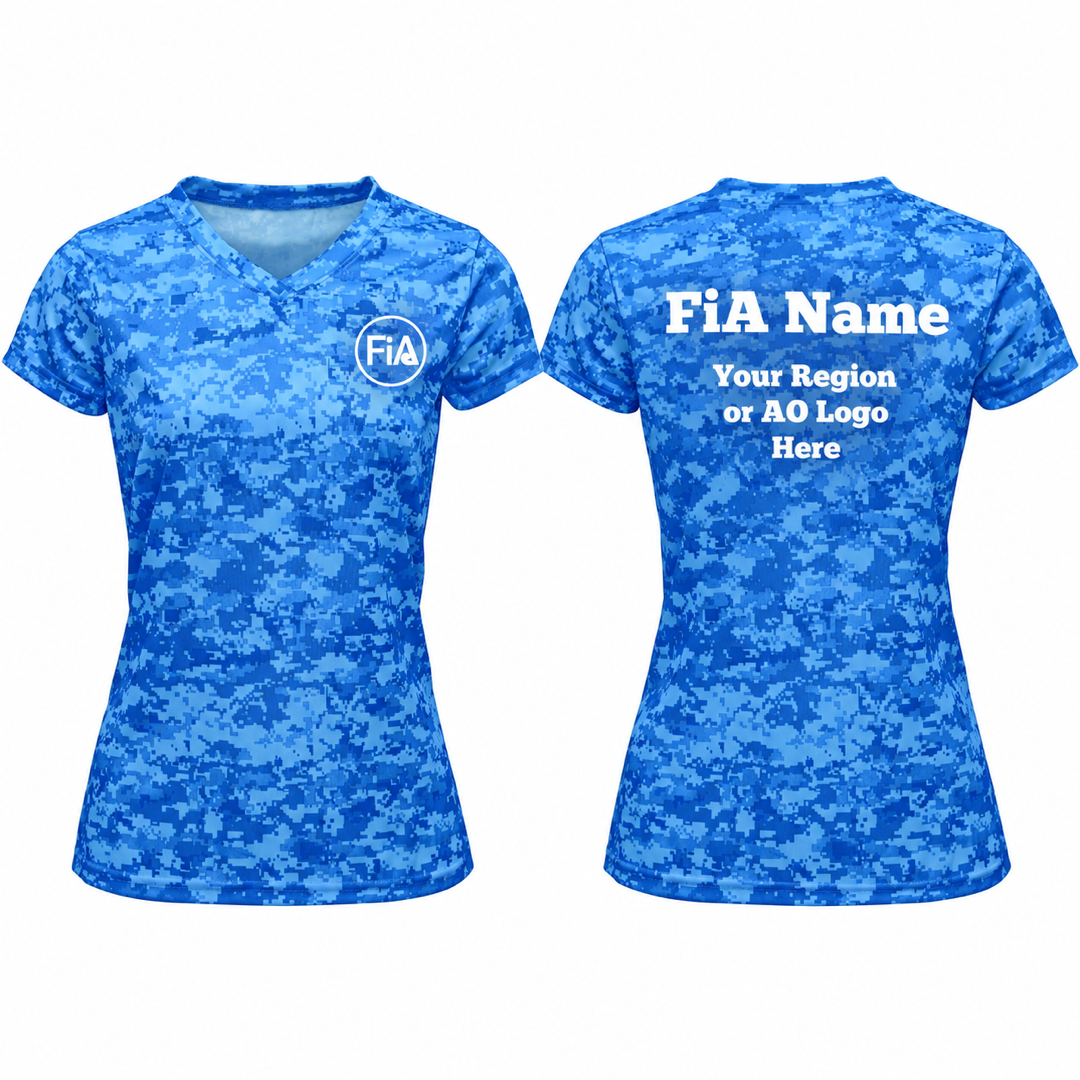 BAW CM17 Blue Camo — FiA left-chest logo and personalized Region or AO back example, product-only front and back
