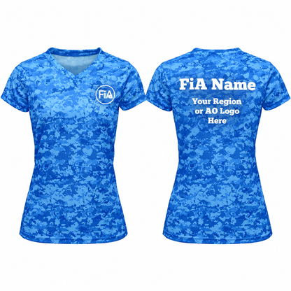 BAW CM17 Blue Camo — FiA left-chest logo and personalized Region or AO back example, product-only front and back