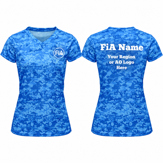 BAW CM17 Blue Camo — FiA left-chest logo and personalized Region or AO back example, product-only front and back