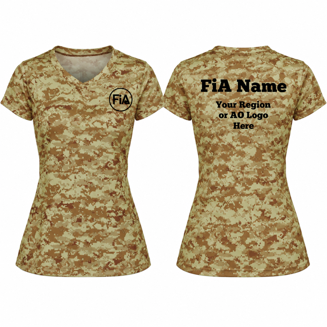 BAW CM17 Desert Camo — FiA left-chest logo and personalized Region or AO back example, product-only front and back