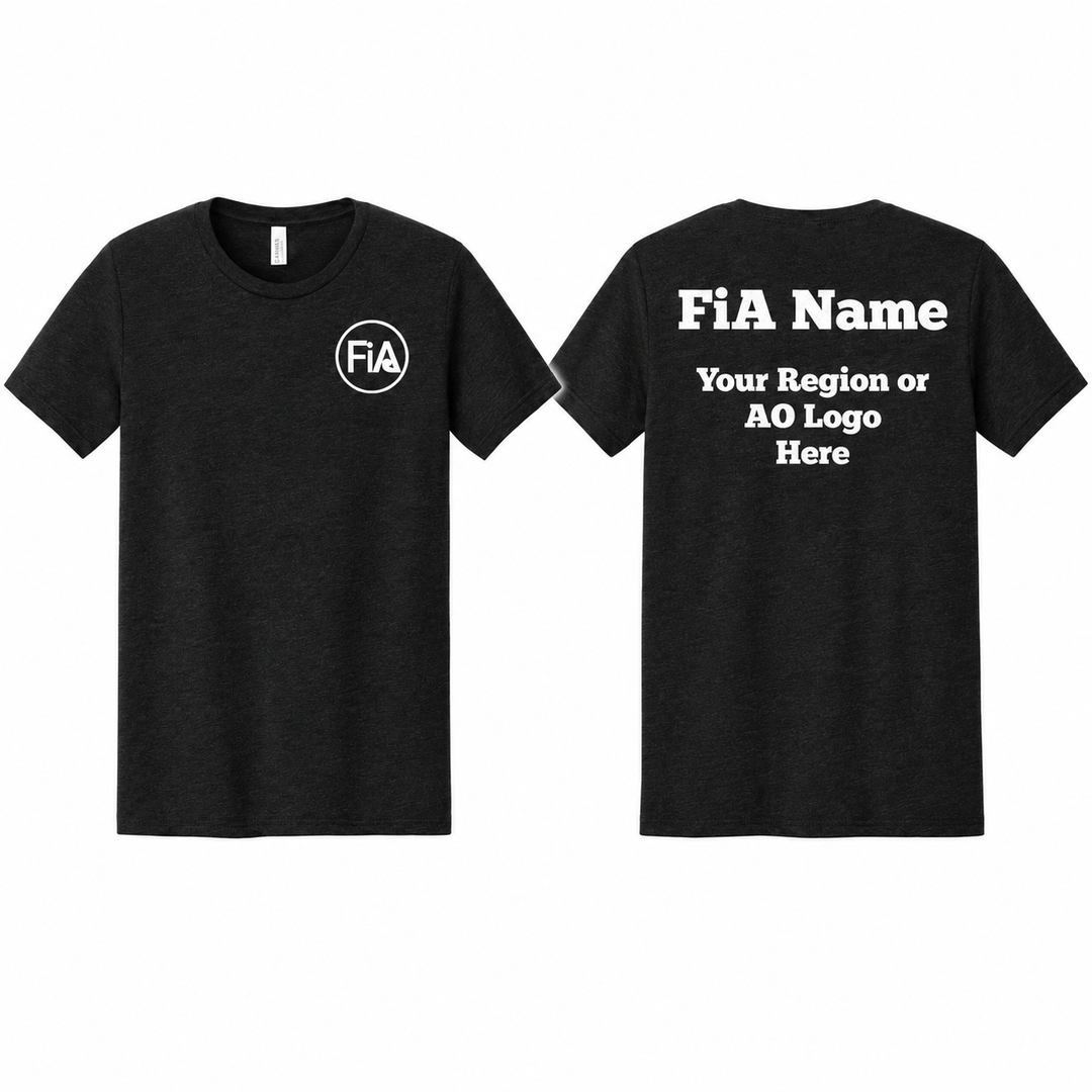 FiA Gear BELLA+CANVAS BC3413 Black Heather Triblend — front left-chest FiA logo and back FiA Name with Region or AO artwork example