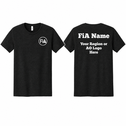 FiA Gear BELLA+CANVAS BC3413 Black Heather Triblend — front left-chest FiA logo and back FiA Name with Region or AO artwork example