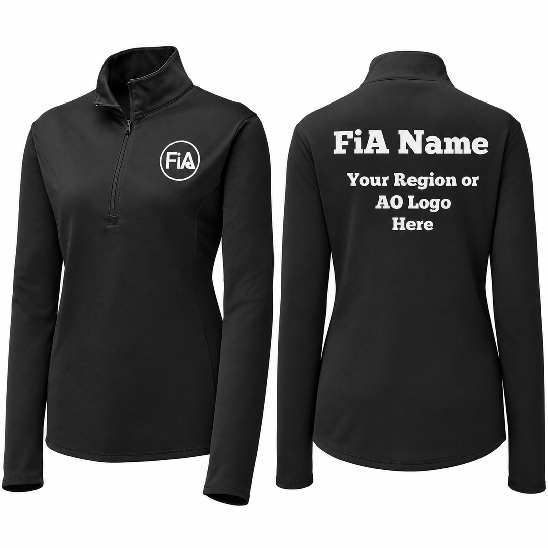 FiA Gear Sport-Tek LST357 Black — front left-chest FiA logo and back FiA Name with Region or AO artwork example