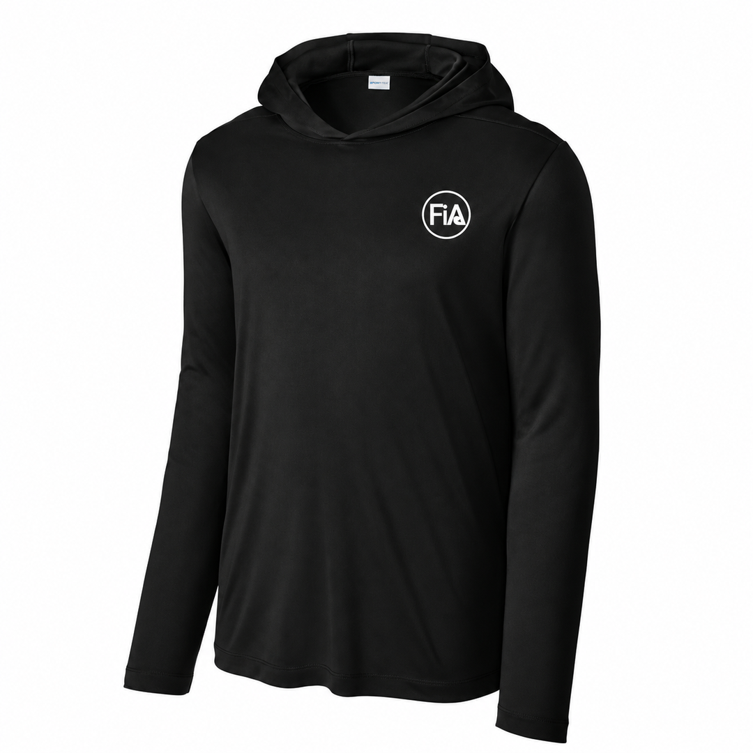 FiA Gear Sport-Tek ST420LSH Black — front with compact left-chest FiA logo