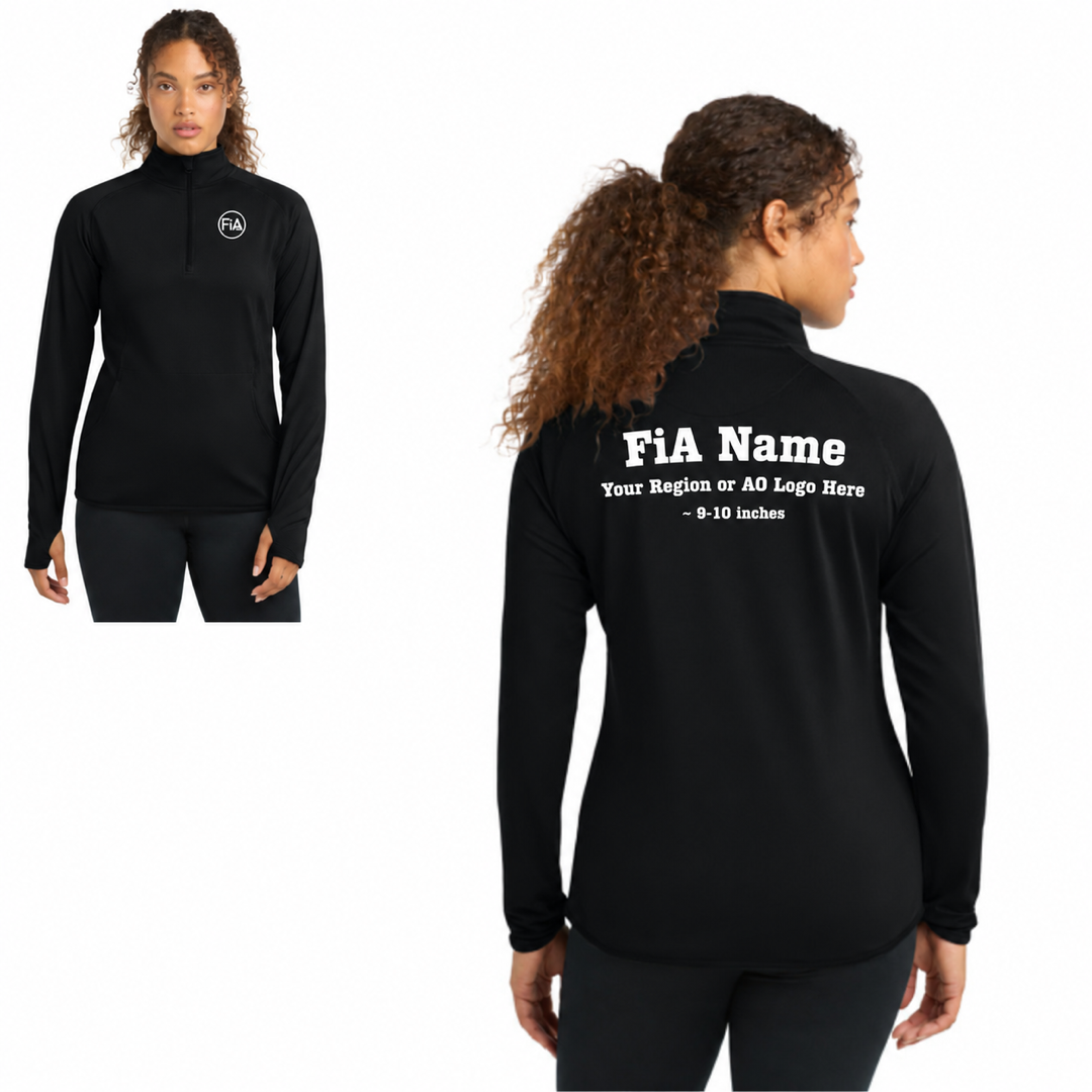 Sport-Tek Stretch 1/4-Zip Pullover in Black, front FiA logo and back personalization preview