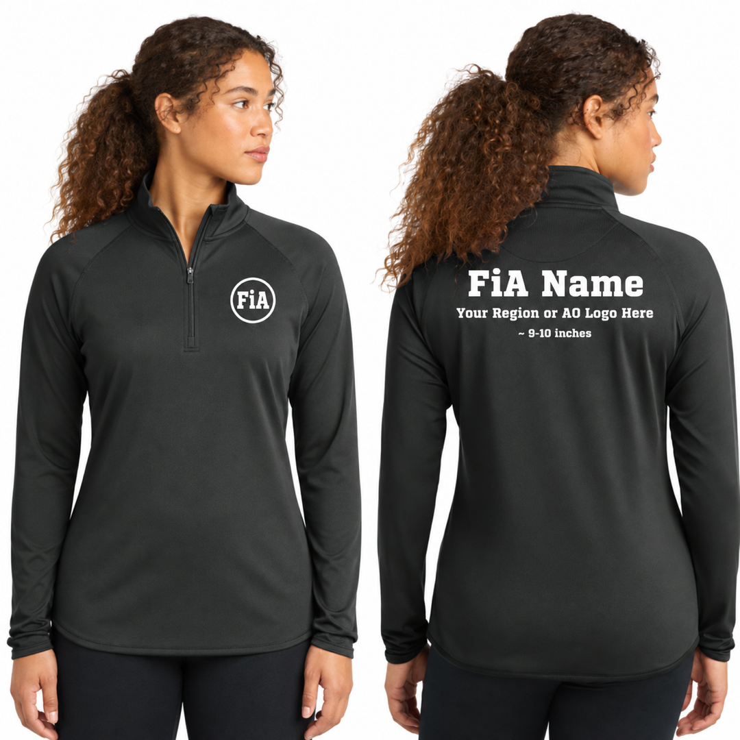 Sport-Tek Stretch 1/4-Zip Pullover in Charcoal Gray, front FiA logo and back personalization preview