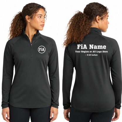 Sport-Tek Stretch 1/4-Zip Pullover in Charcoal Gray, front FiA logo and back personalization preview