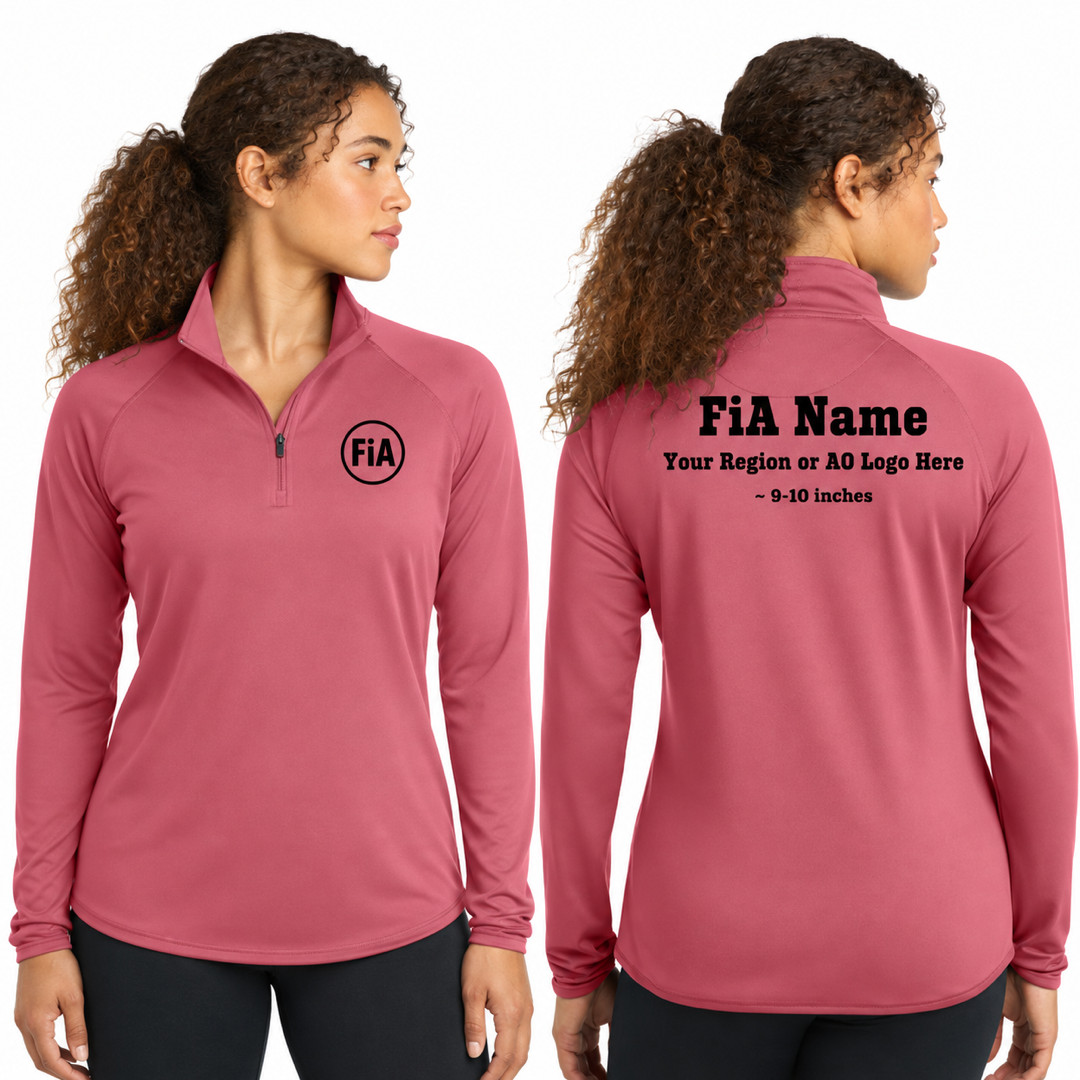 Sport-Tek Stretch 1/4-Zip Pullover in Dusty Rose, front FiA logo and back personalization preview