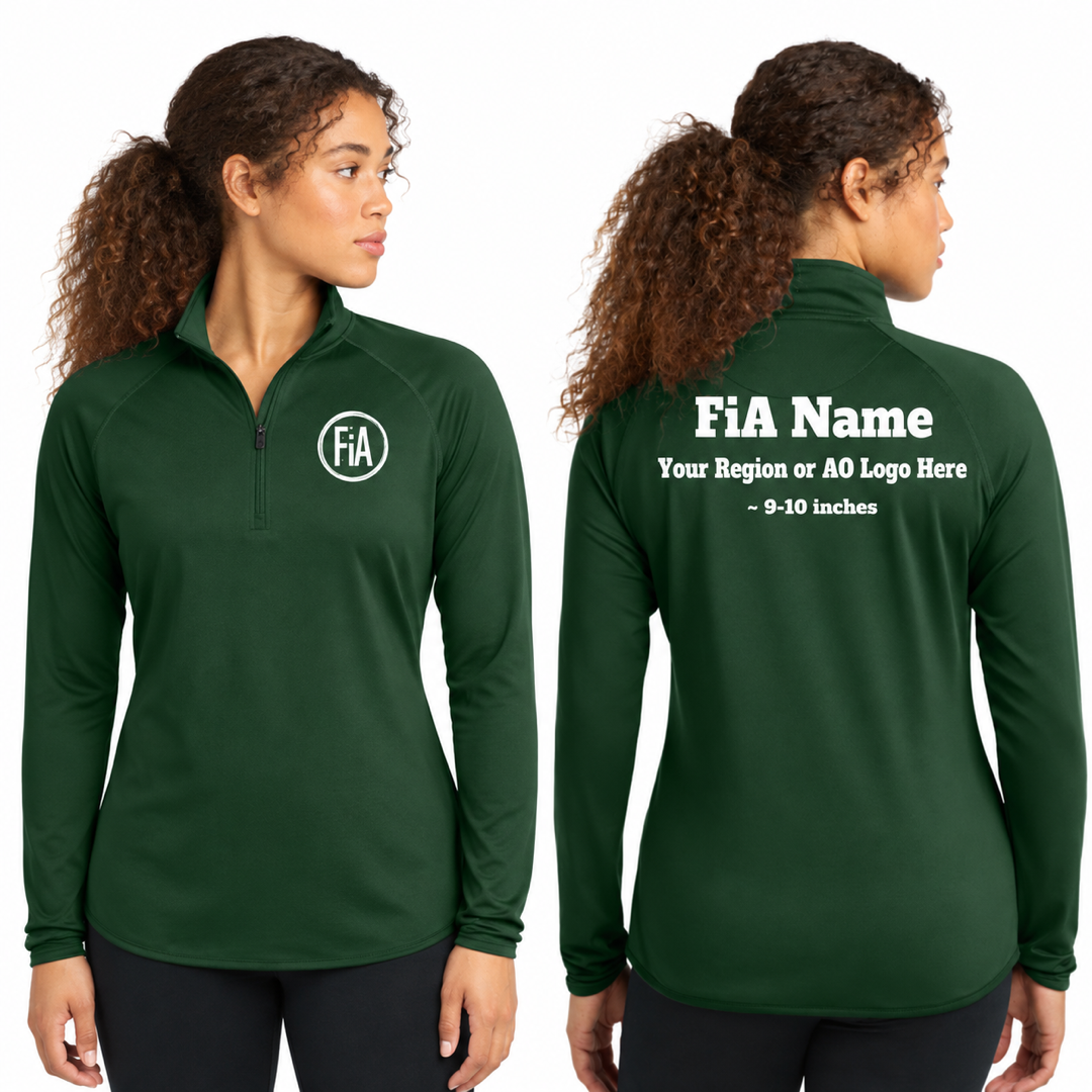 Sport-Tek Stretch 1/4-Zip Pullover in Forest Green, front FiA logo and back personalization preview