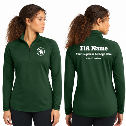 Sport-Tek Stretch 1/4-Zip Pullover in Forest Green, front FiA logo and back personalization preview