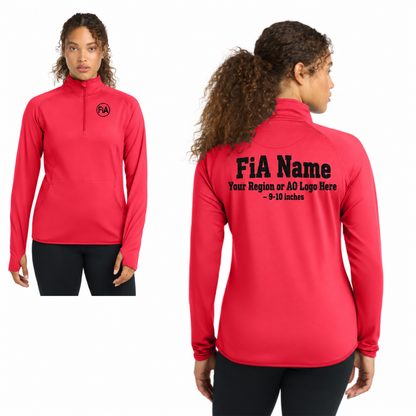 Sport-Tek Stretch 1/4-Zip Pullover in Hot Coral, front FiA logo and back personalization preview