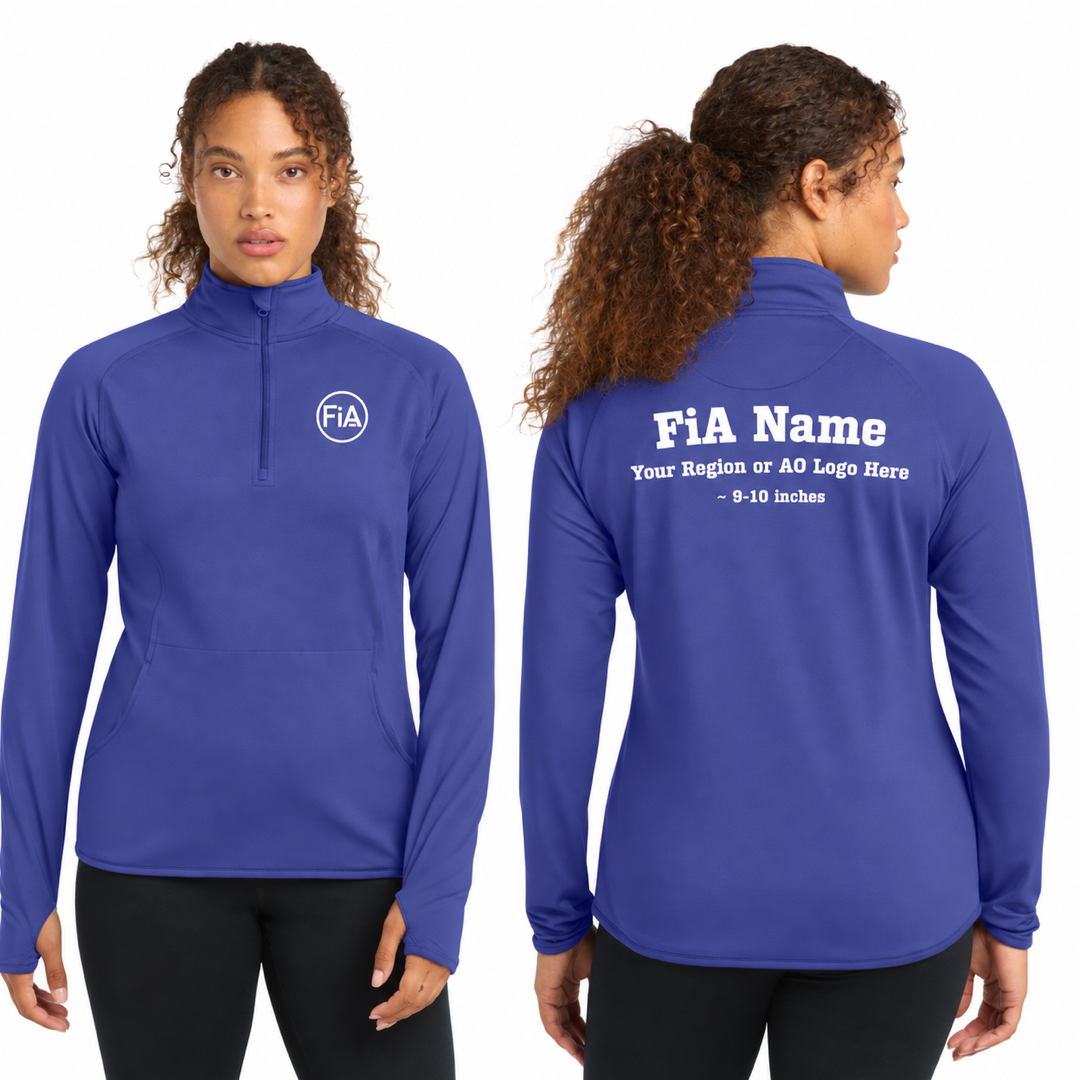 Sport-Tek Stretch 1/4-Zip Pullover in Iris Purple, front FiA logo and back personalization preview