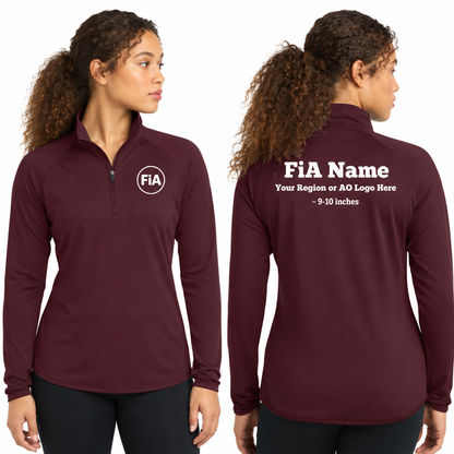 Sport-Tek Stretch 1/4-Zip Pullover in Maroon, front FiA logo and back personalization preview