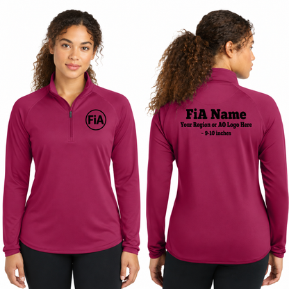 Sport-Tek Stretch 1/4-Zip Pullover in Pink Rush, front FiA logo and back personalization preview
