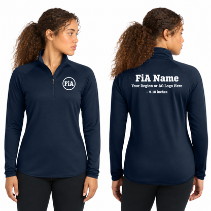 Sport-Tek Stretch 1/4-Zip Pullover in True Navy, front FiA logo and back personalization preview