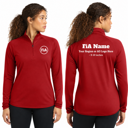 Sport-Tek Stretch 1/4-Zip Pullover in True Red, front FiA logo and back personalization preview