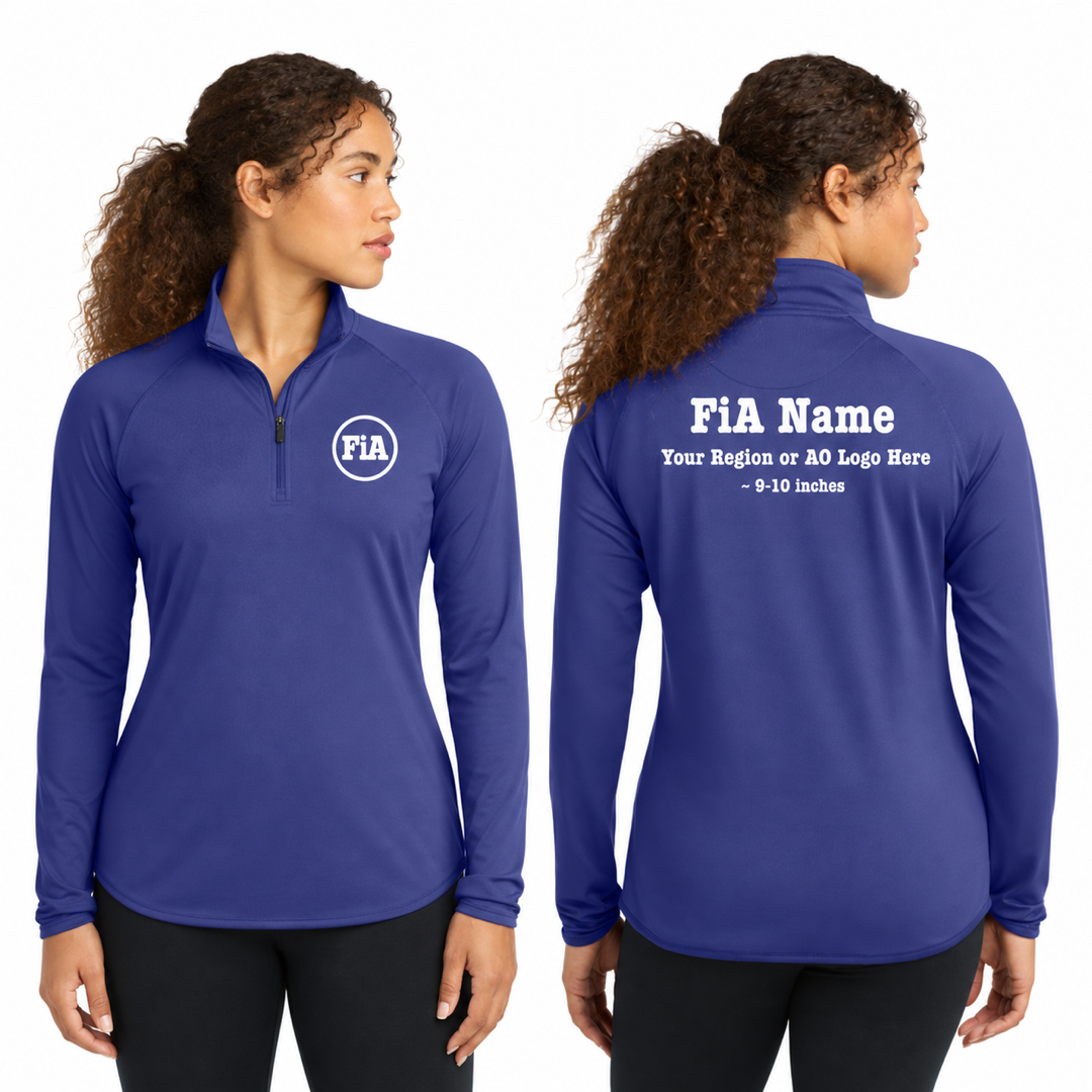 Sport-Tek Stretch 1/4-Zip Pullover in True Royal, front FiA logo and back personalization preview