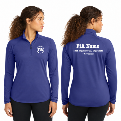 Sport-Tek Stretch 1/4-Zip Pullover in True Royal, front FiA logo and back personalization preview