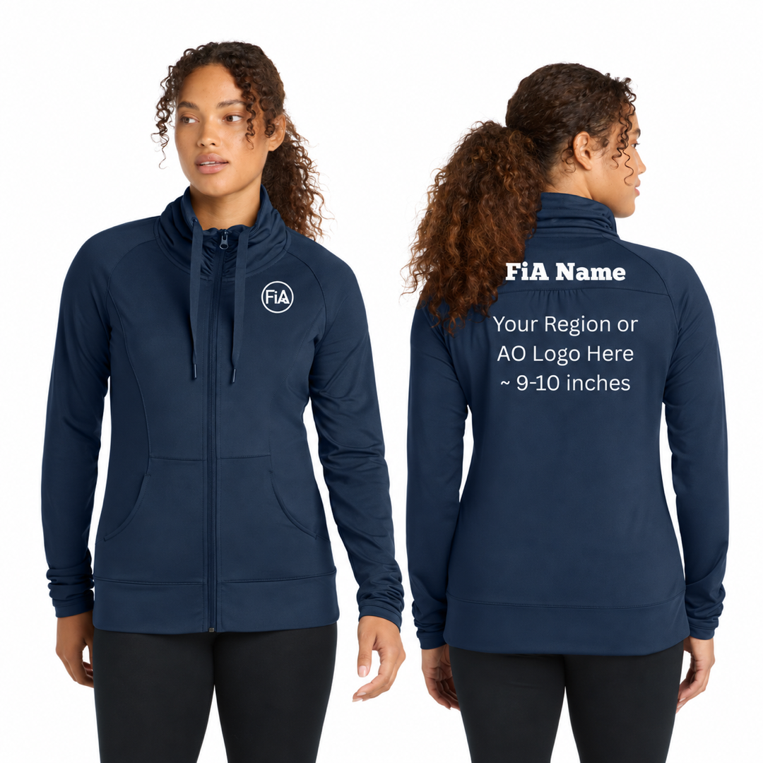Sport-Tek Women's Stretch Full-Zip Jacket in True Navy — front and back decoration preview