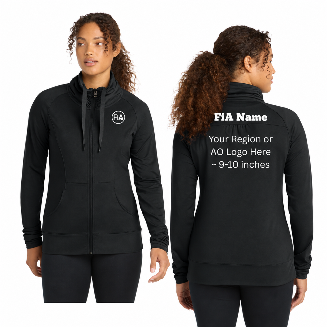 Sport-Tek Women's Stretch Full-Zip Jacket in Black — front and back decoration preview