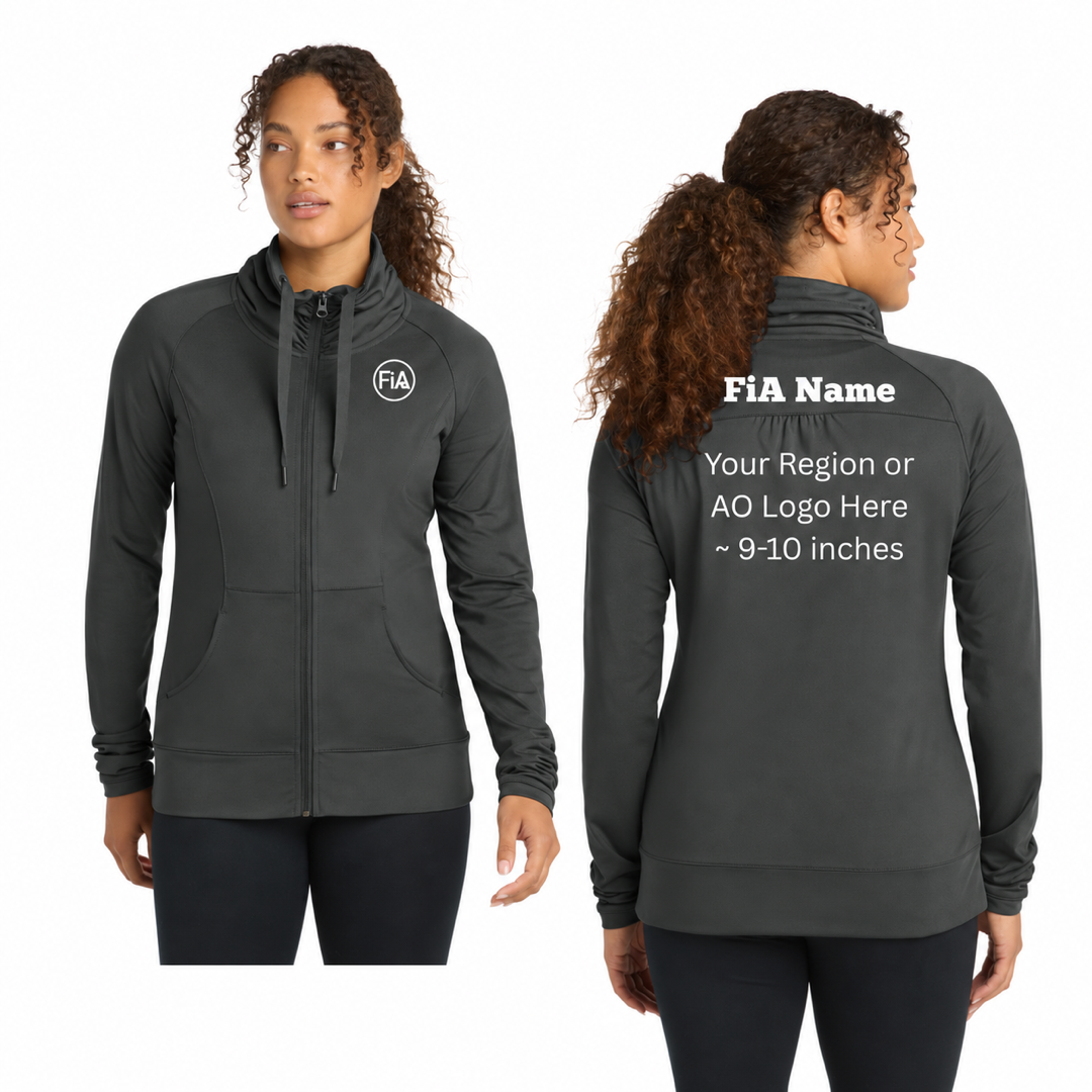Sport-Tek Women's Stretch Full-Zip Jacket in Charcoal Grey — front and back decoration preview