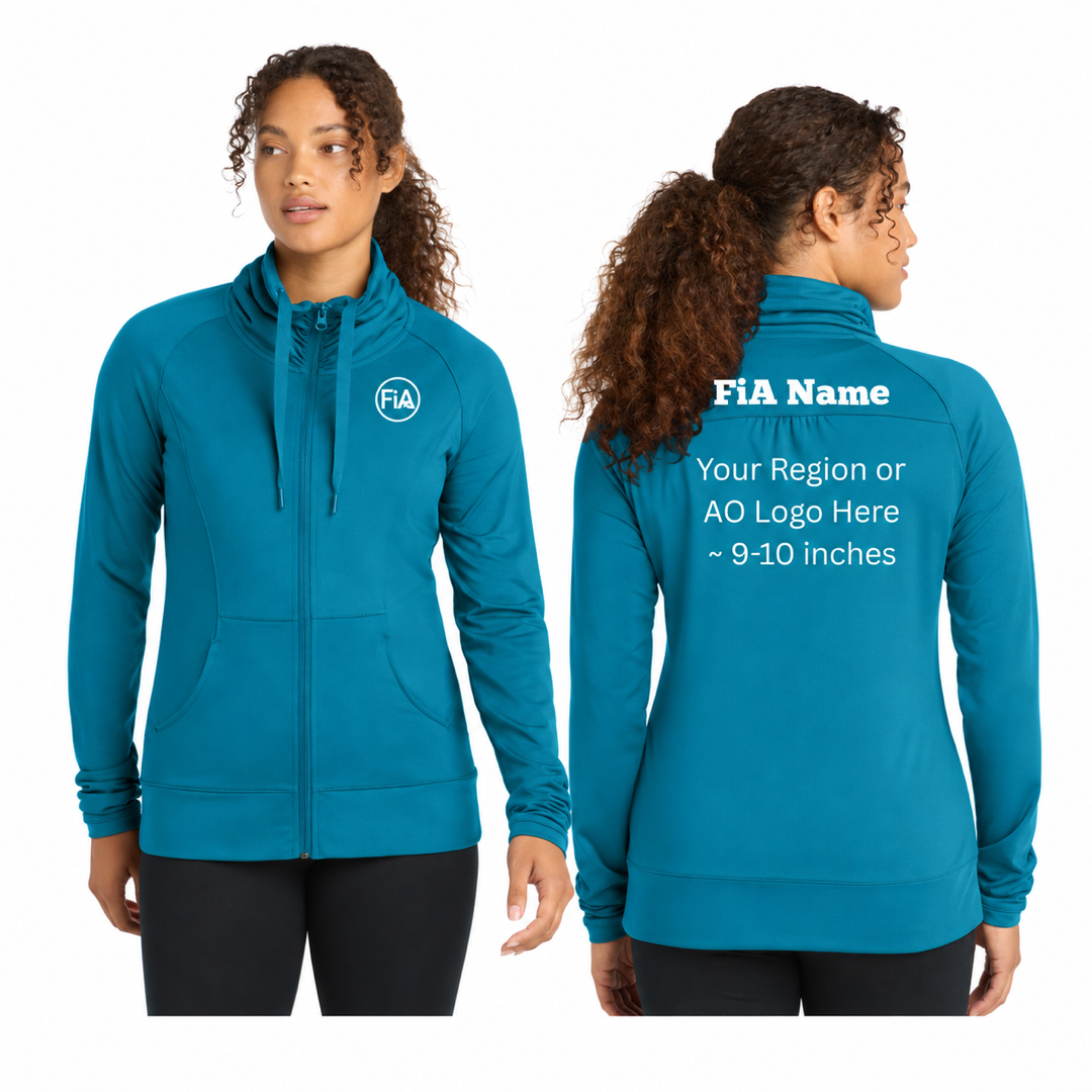 Sport-Tek Women's Stretch Full-Zip Jacket in Peacock Blue — front and back decoration preview
