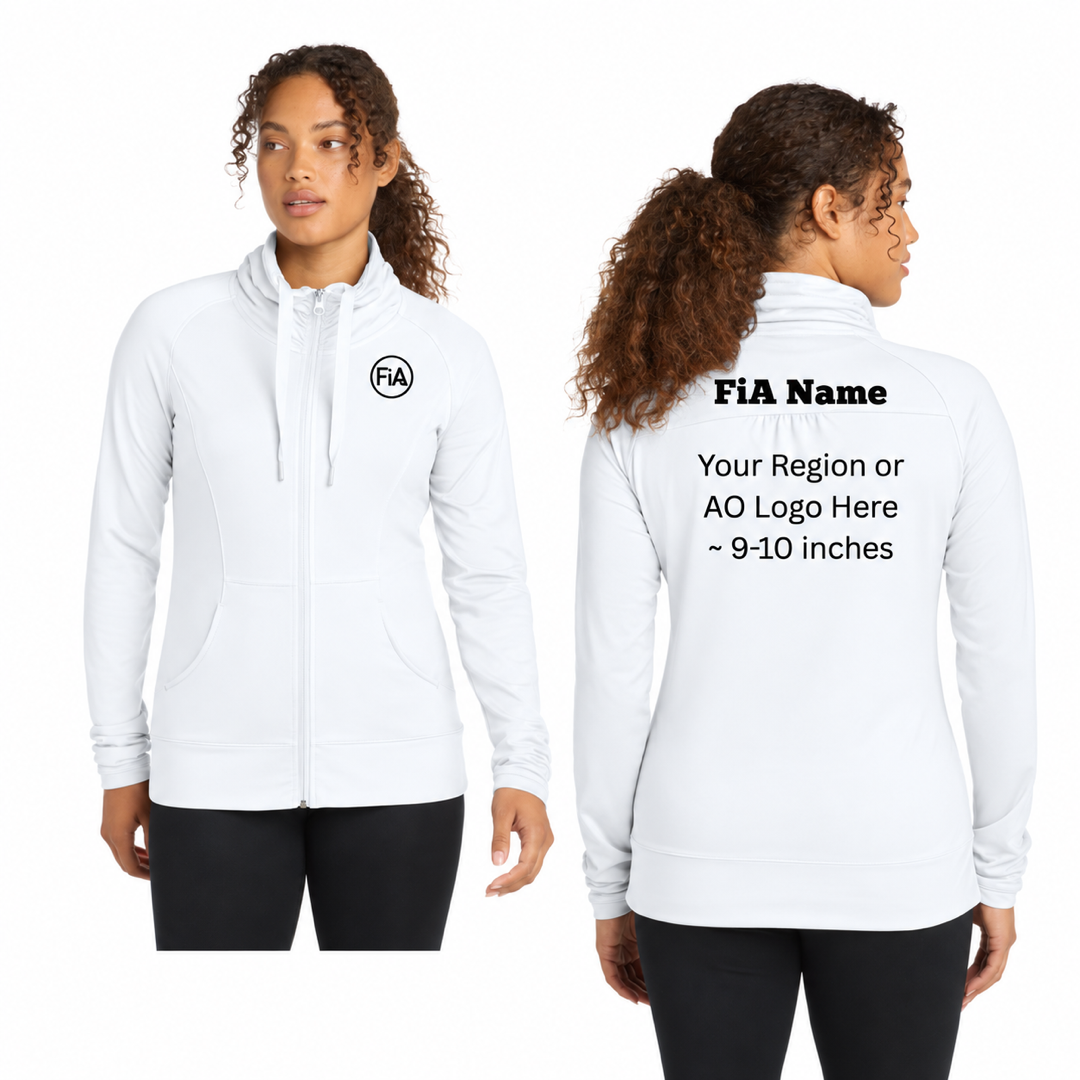 Sport-Tek Women's Stretch Full-Zip Jacket in White — front and back decoration preview