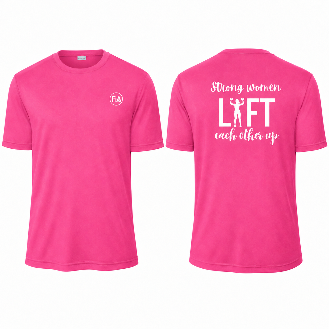 Strong Women Sport-Tek unisex men's cut performance tee in Neon Pink, front and back