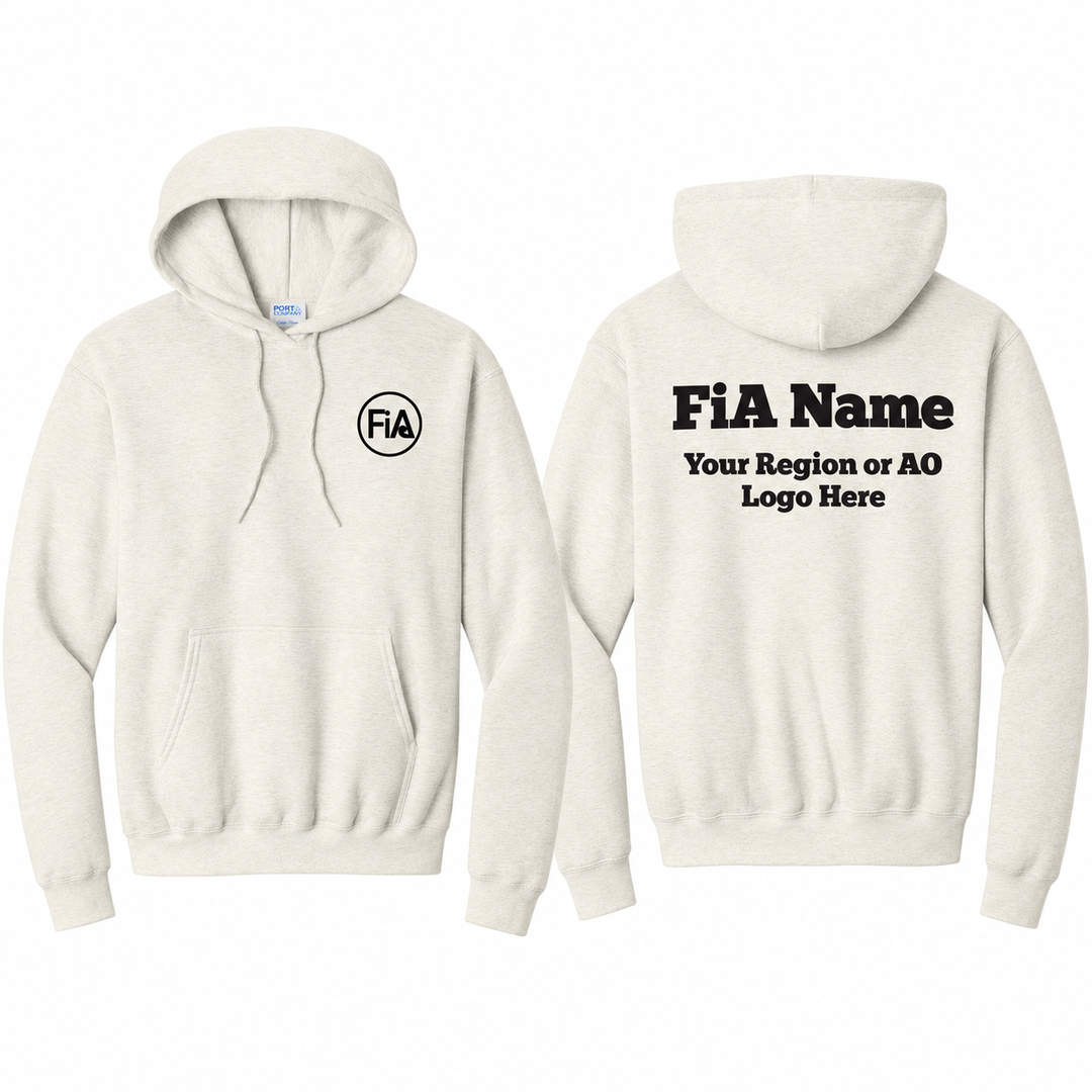 Core Fleece Hooded Sweatshirt in Oatmeal Heather with black FiA left-chest logo and example FiA name and Region/AO back artwork