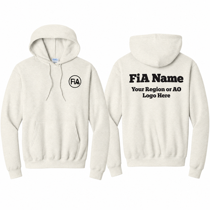 Core Fleece Hooded Sweatshirt in Oatmeal Heather with black FiA left-chest logo and example FiA name and Region/AO back artwork