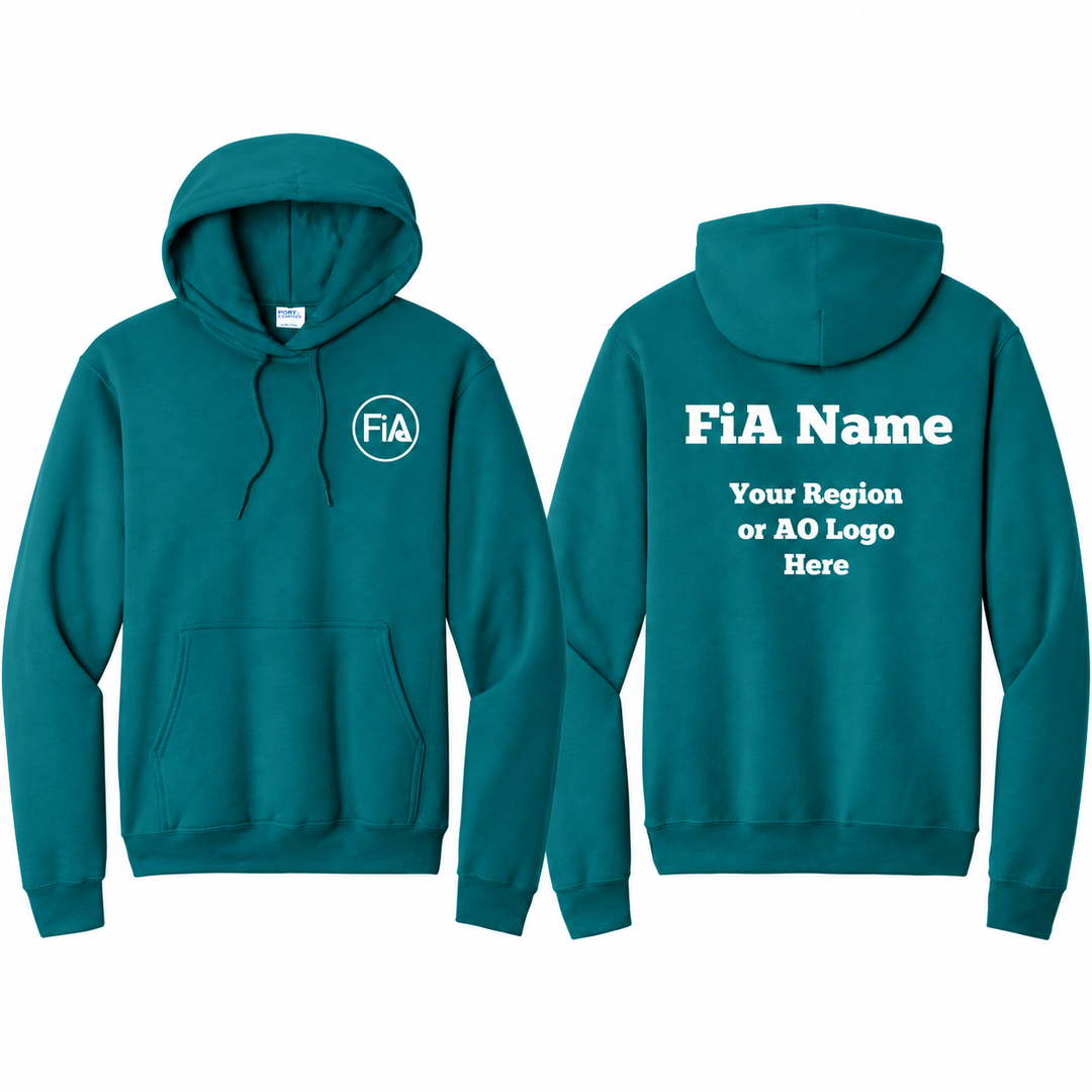 Core Fleece Hooded Sweatshirt in Teal with white FiA left-chest logo and example FiA name and Region/AO back artwork