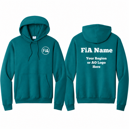 Core Fleece Hooded Sweatshirt in Teal with white FiA left-chest logo and example FiA name and Region/AO back artwork